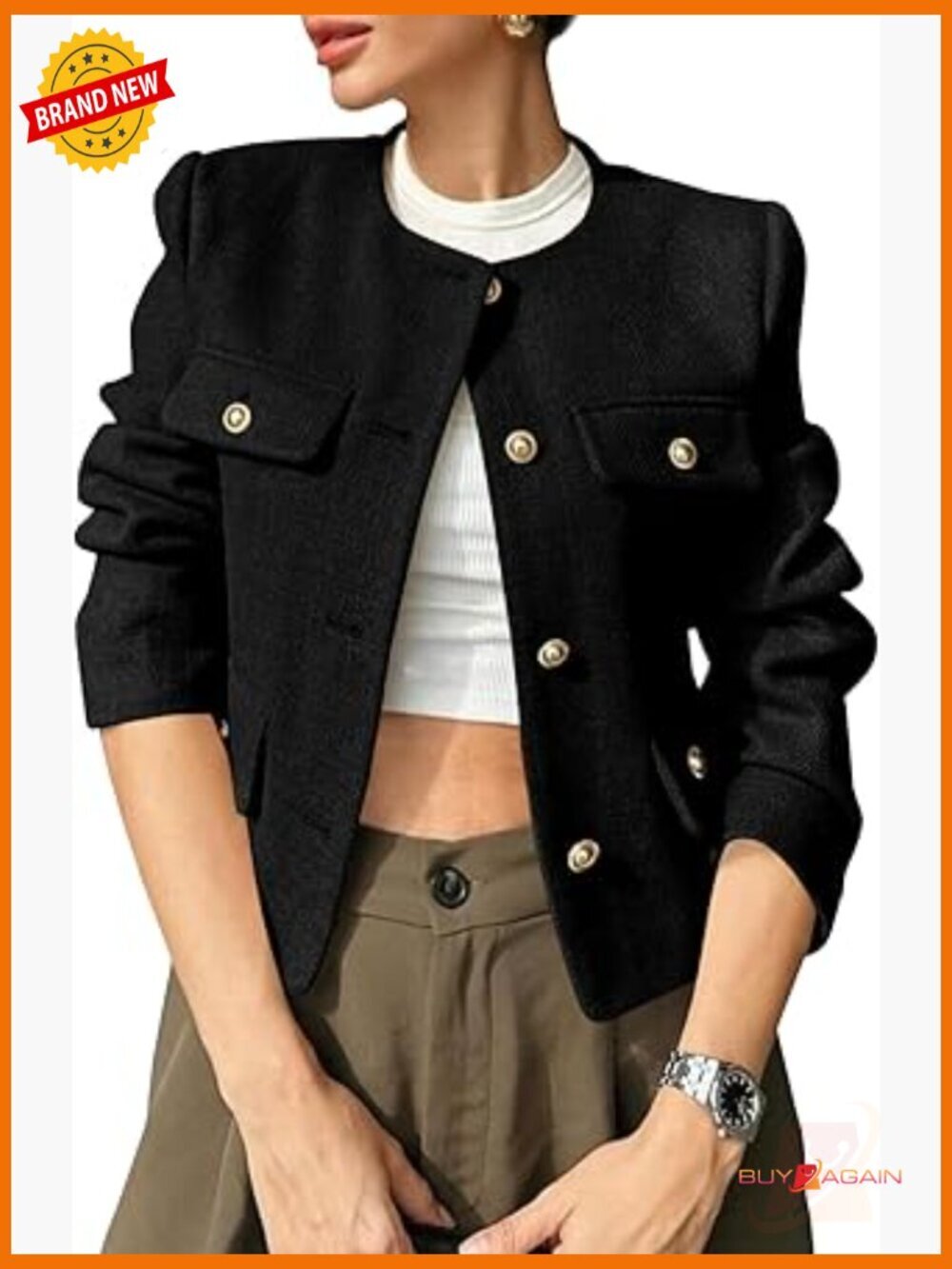 Cropped Tweed Blazer Jacket Collarless Button Down Business Casual Winter Coat